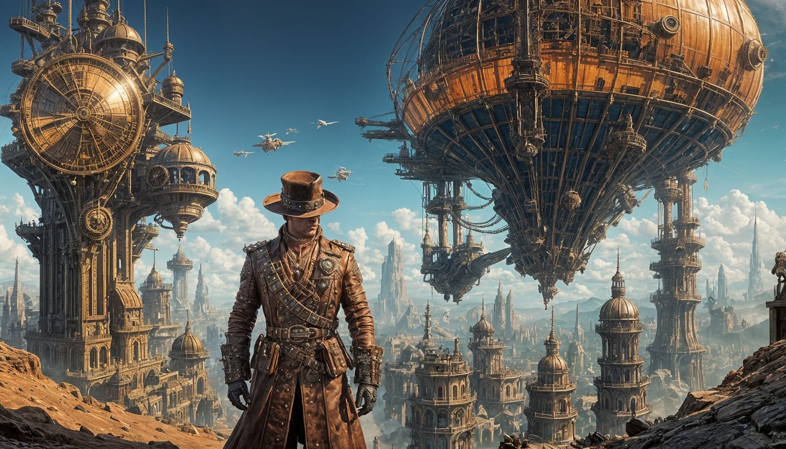Steampunk Dragon Confronts Adventurer in Futuristic Landscap...
