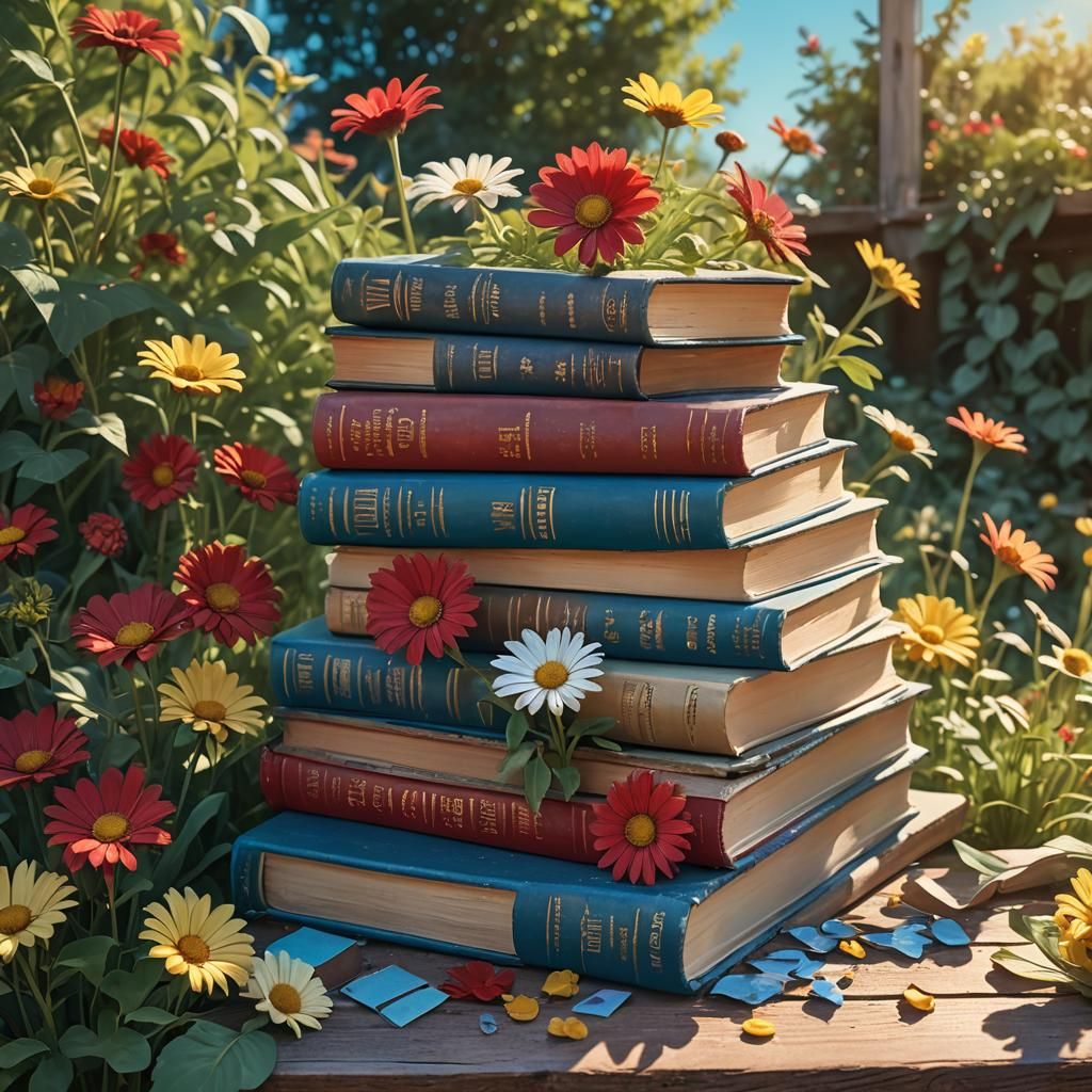 Vintage Books in Lush Garden, Digital Matte Painting