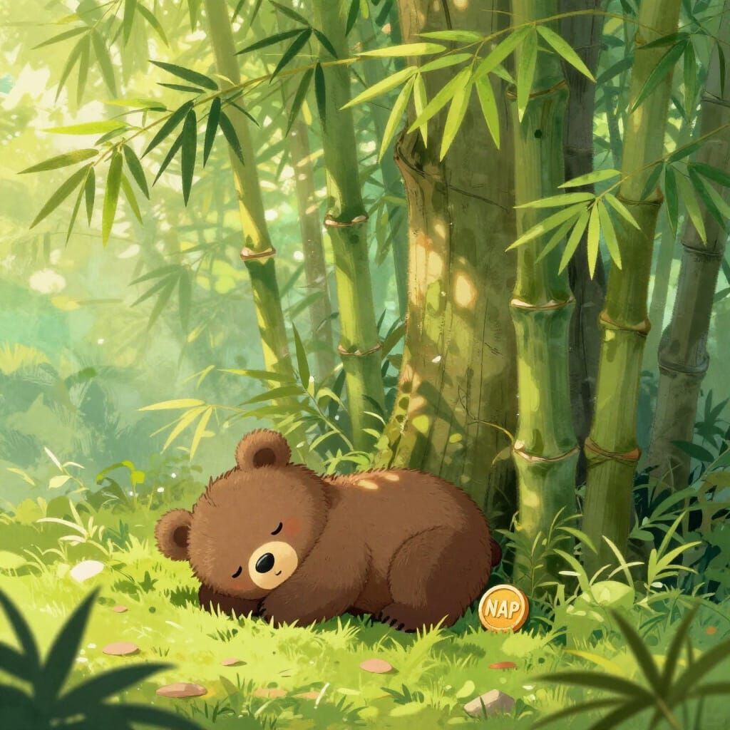 Cute Bear Sleeps Under Bamboo Tree with NAP Coin