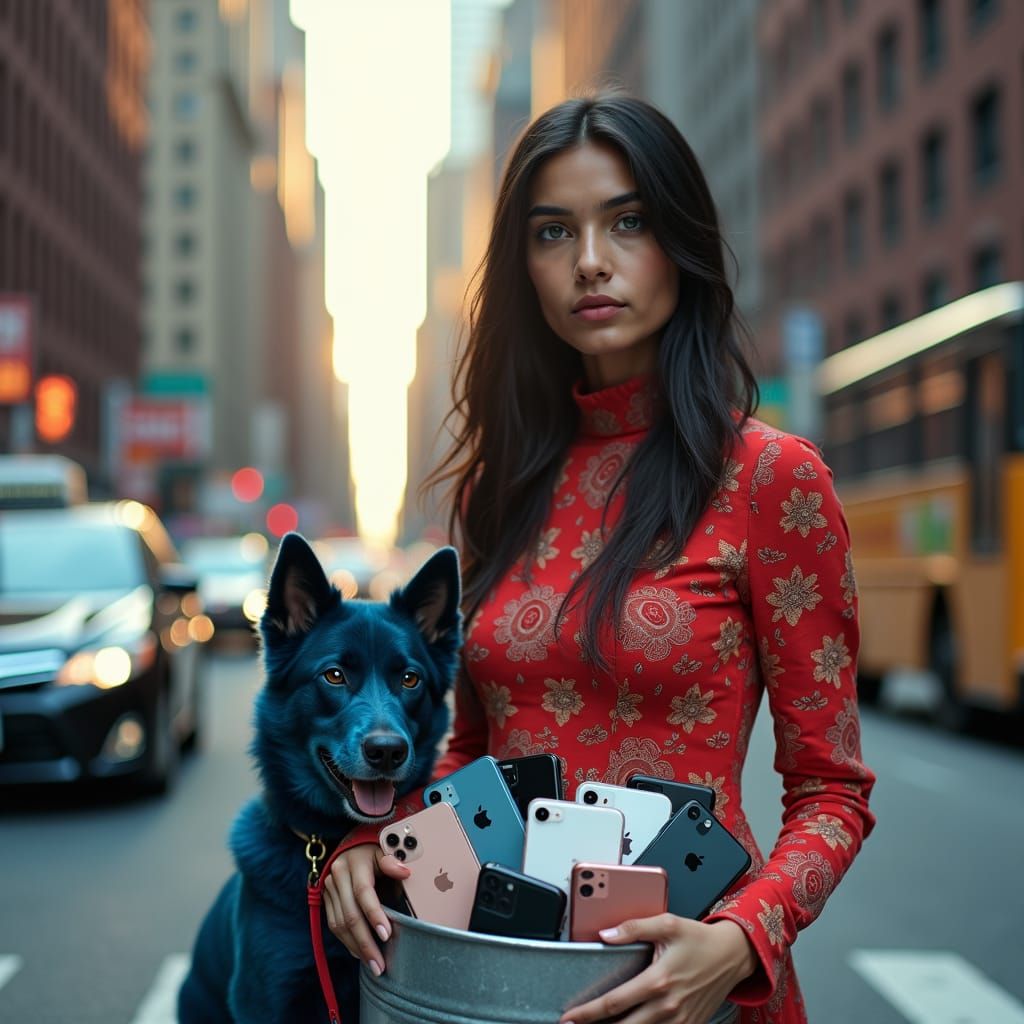 Indian Girl with Blue Dog and iPhones in NYC
