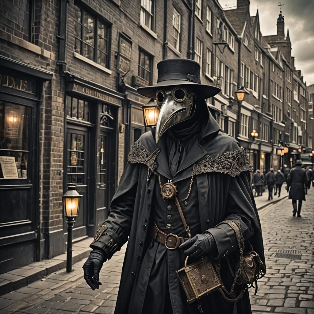 Plague Doctor in London Alleyway with Lantern