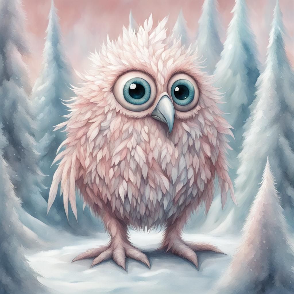 Whimsical Quirky Feathered North Pole Ice Creature :: Quirky Folk Style :: Strangely Odd :: Winter Blush Color Palette...