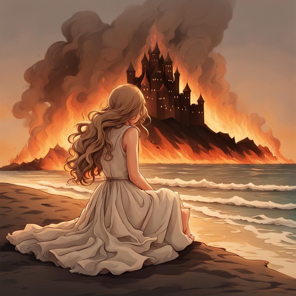 Girl Watches Burning Castle: Hyperdetailed Concept Art