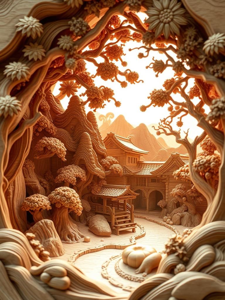Carved Japanese Landscape in Wood, 3D Render