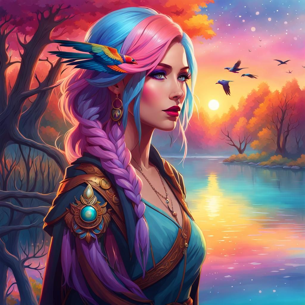 Pastel Wanderer with Falcon in Dreamy Landscape