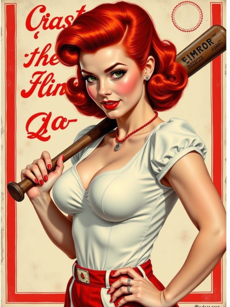 1950s Pin Up Woman in Baseball Uniform Holding Bat