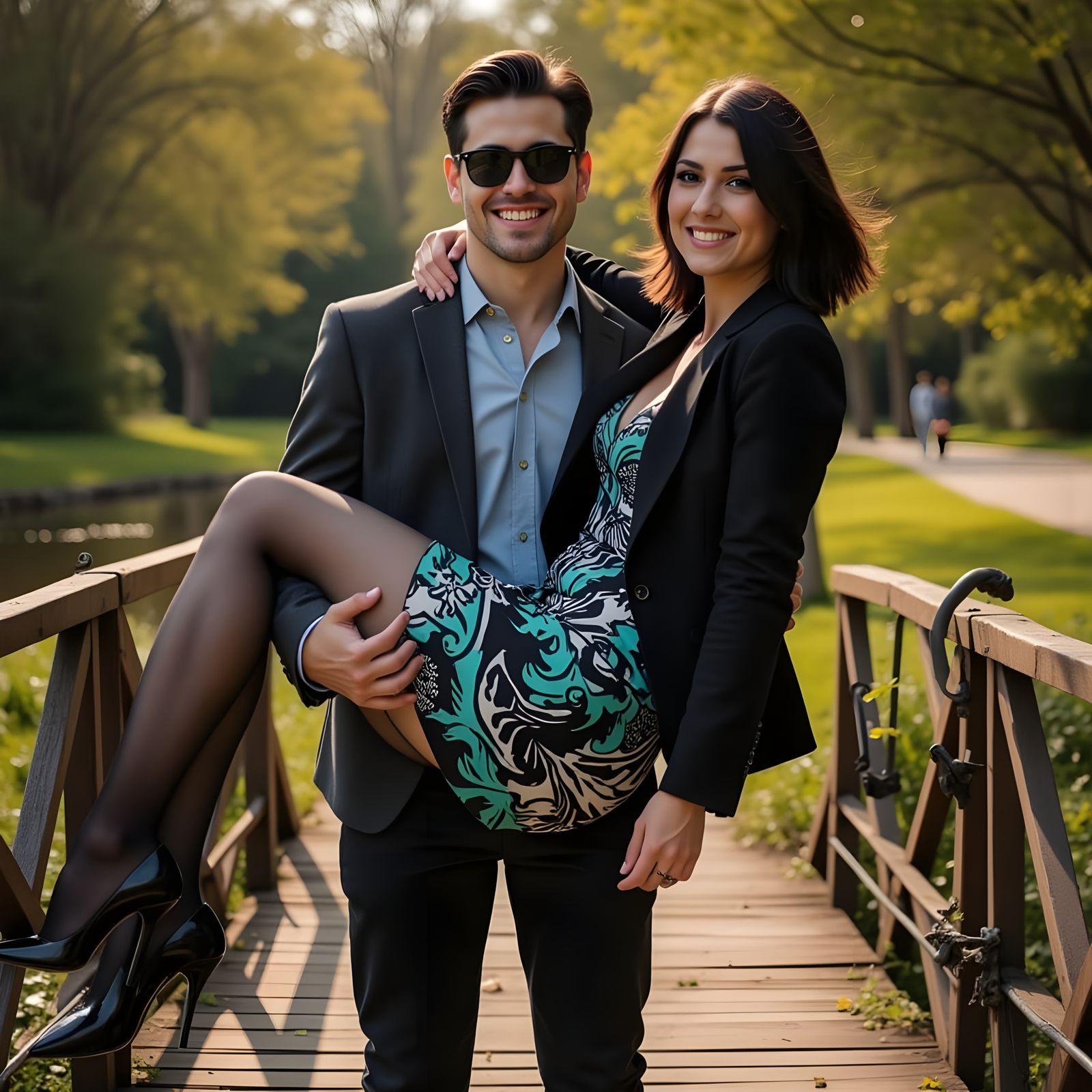 Man Lifts Woman Over Bridge in Sunny Park
