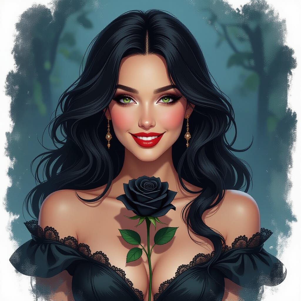 Dark Haired Enchantress with Black Rose in Shadows