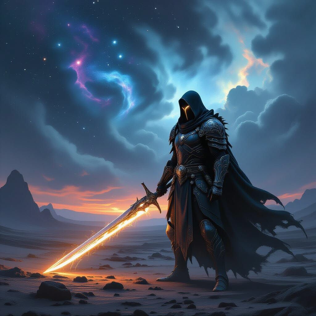 Solitary Warrior in Obsidian Armor on Alien Planet