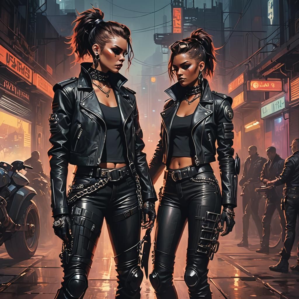 Leather Biker Girls Embrace in Cyberpunk Style