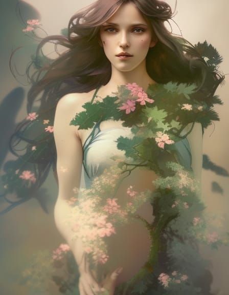 Fantasy Woman Portrait in Forest with Flowing Hair