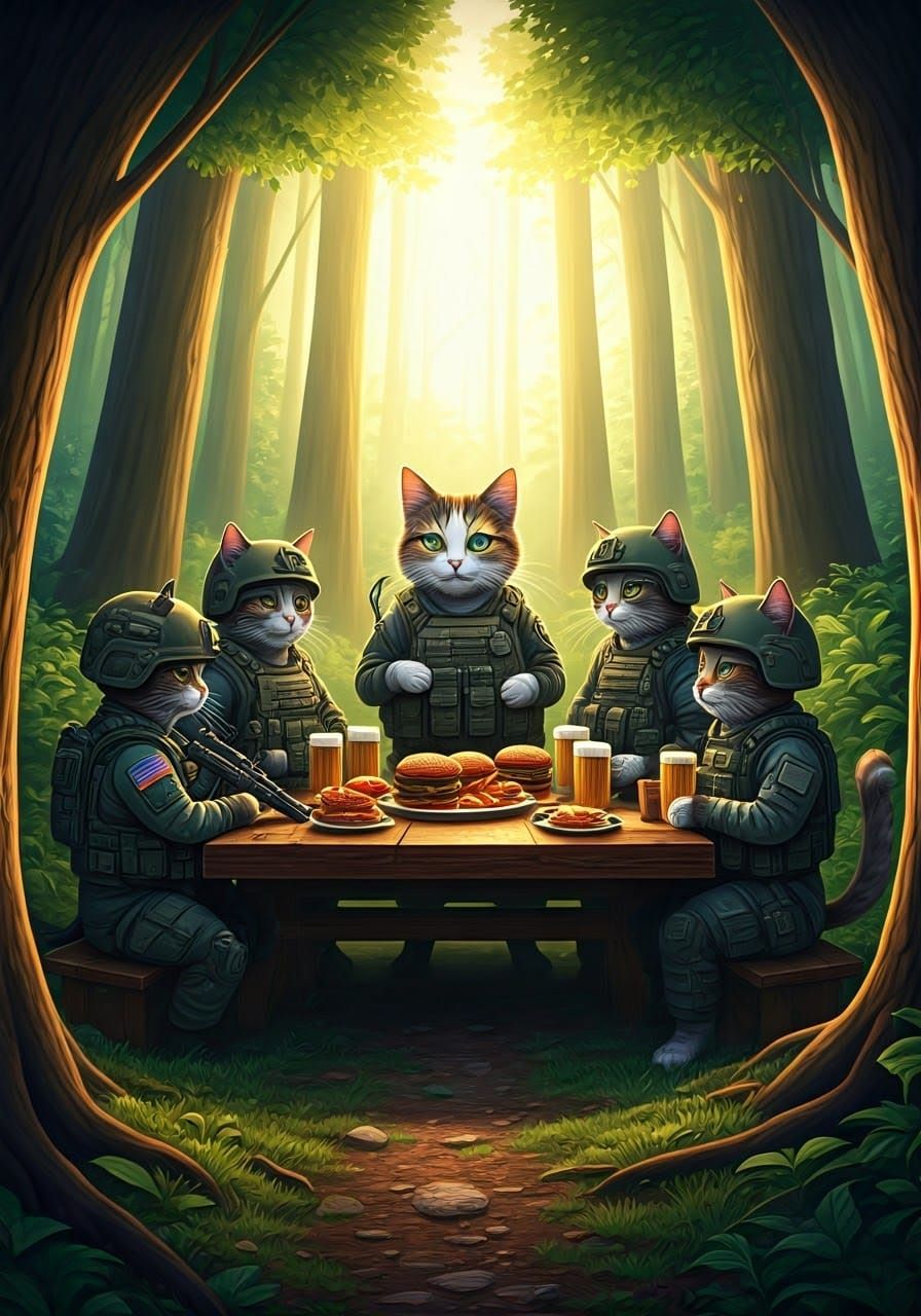 Feline Soldiers Enjoying Comfort Food Feast