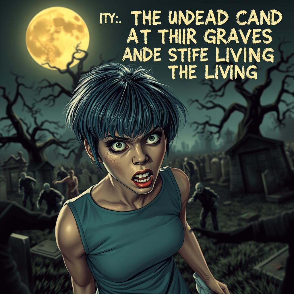 Terrified Woman in Zombie Cemetery, Retro Horror Style