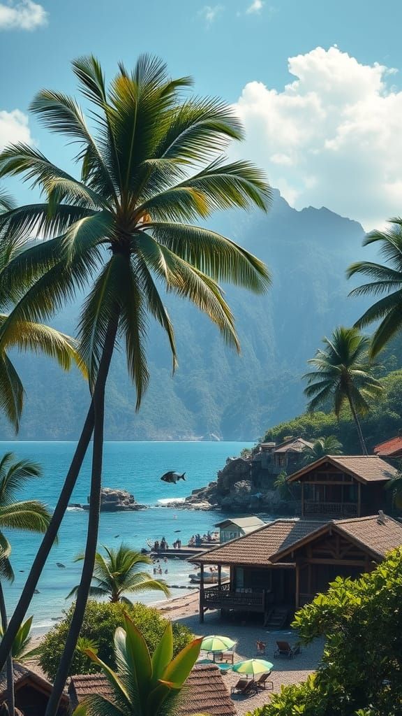 Tribal Oasis Amidst Crystal Mountains and Ocean Wonders