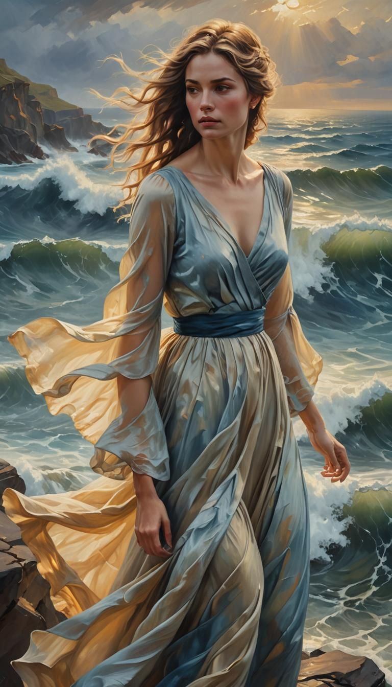 Woman Gazing at Turbulent Ocean: Impressionist Oil Painting