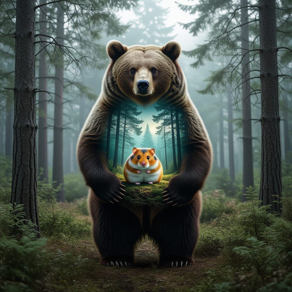 Surreal Bear with Glowing Hamster in Cozy Pine Forest