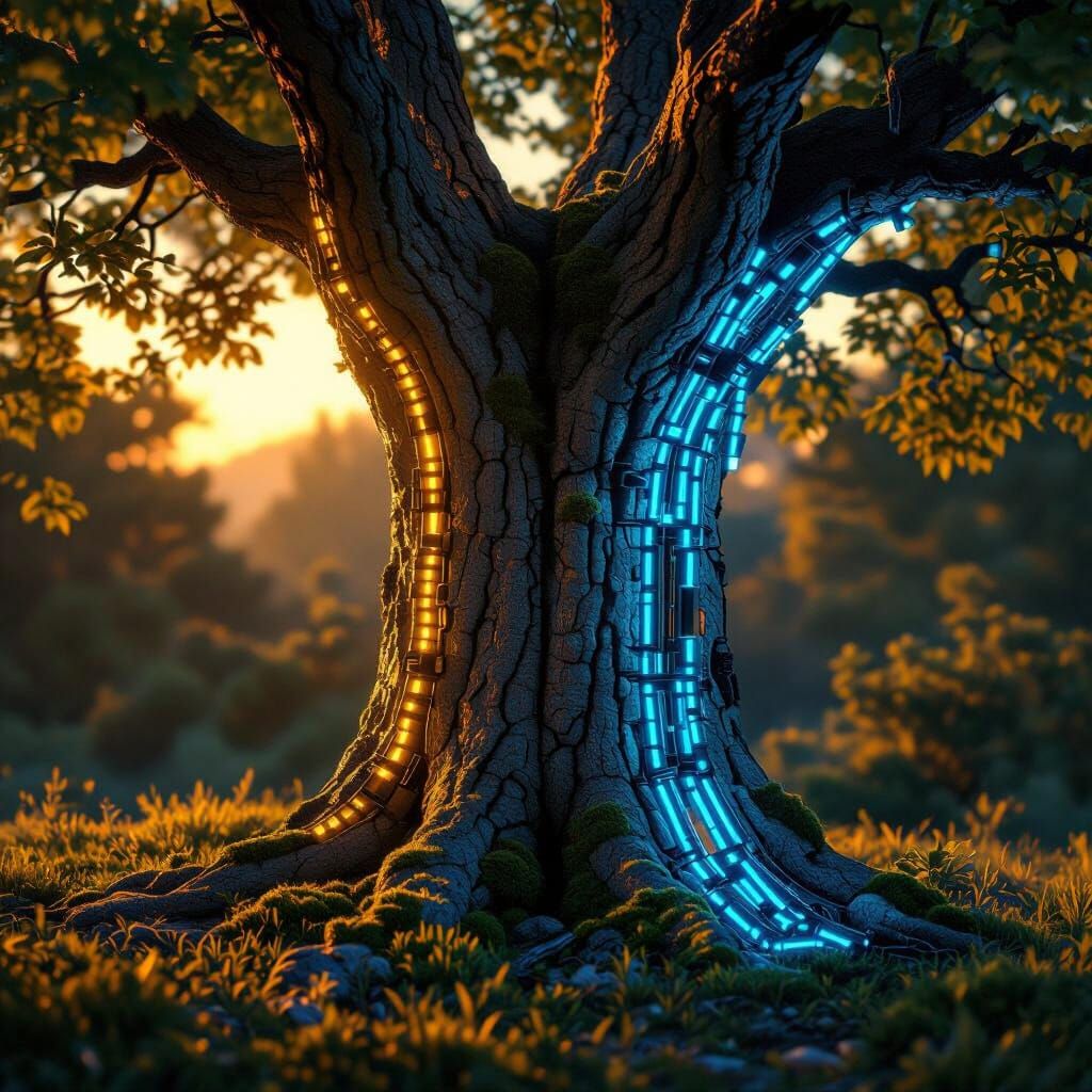 Bifurcated Tree: Nature vs Neon in Hyper-Realistic Style