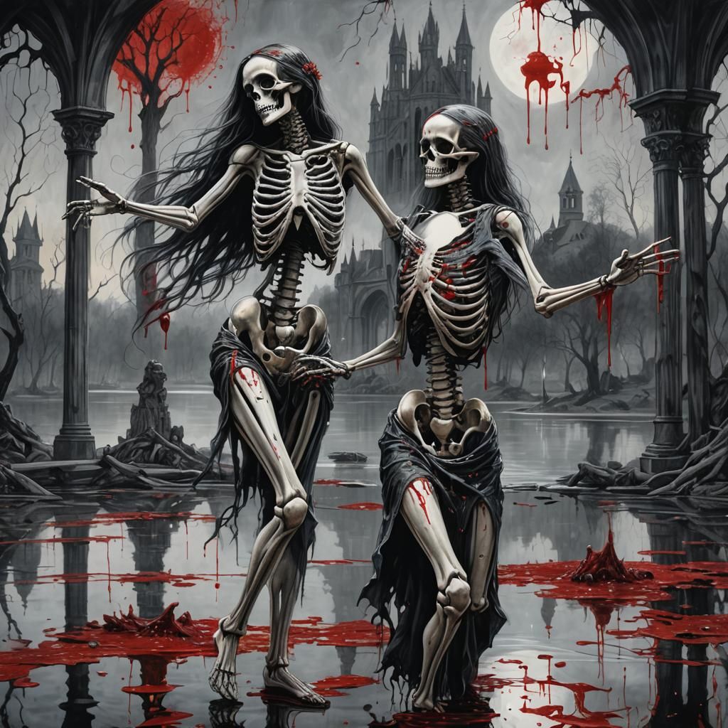 Woman Dancing with Skeleton Near Lake of Blood