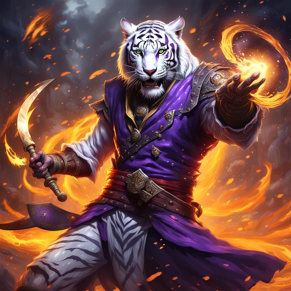White Tiger Wizard Casting Fireball: Dark Fantasy Art
