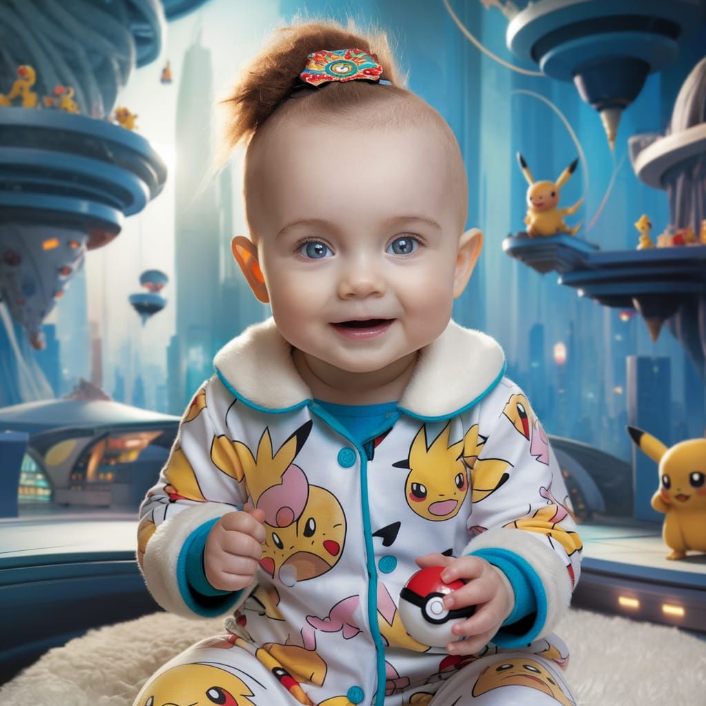 Adorable Baby Girl with Pokémon in Futuristic Cityscape