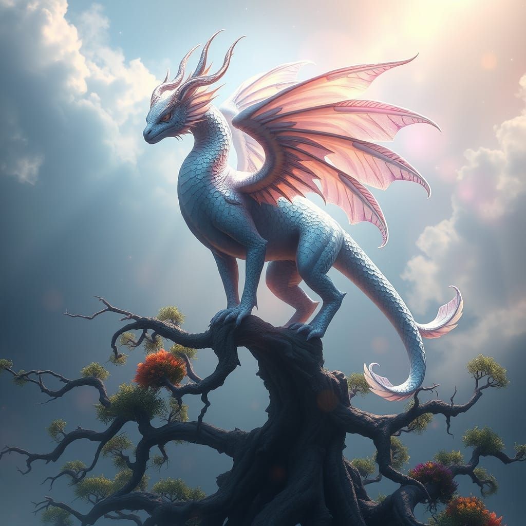 Ethereal Fantasy Creature on Ancient Tree in Vibrant, Irides...