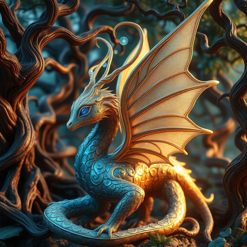 Surreal, Iridescent Magical Being in a Vibrant, Ancient Fore...