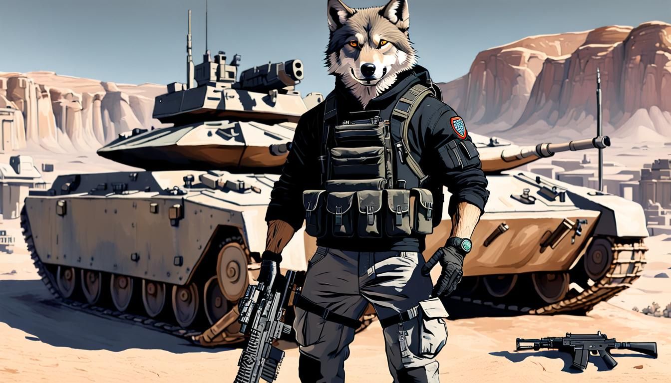 Wolf Soldier on Tank in Desert Village: Sci-Fi Art