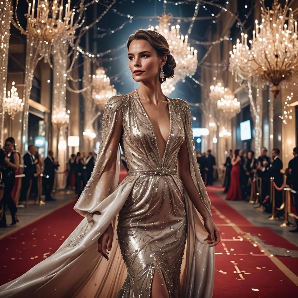 Glamorous Woman on Red Carpet in Haute Couture
