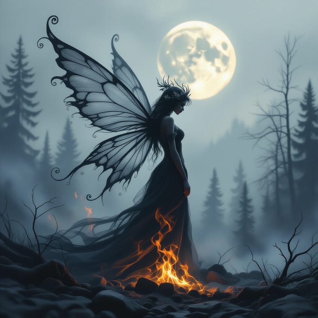Ethereal Smoke Fairy Rising from Charred Forest