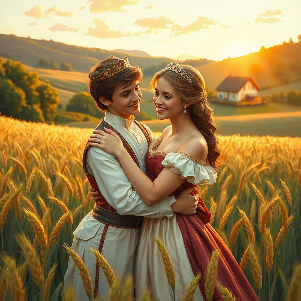 Prince and Princess in Wheat Field, Gouache Style