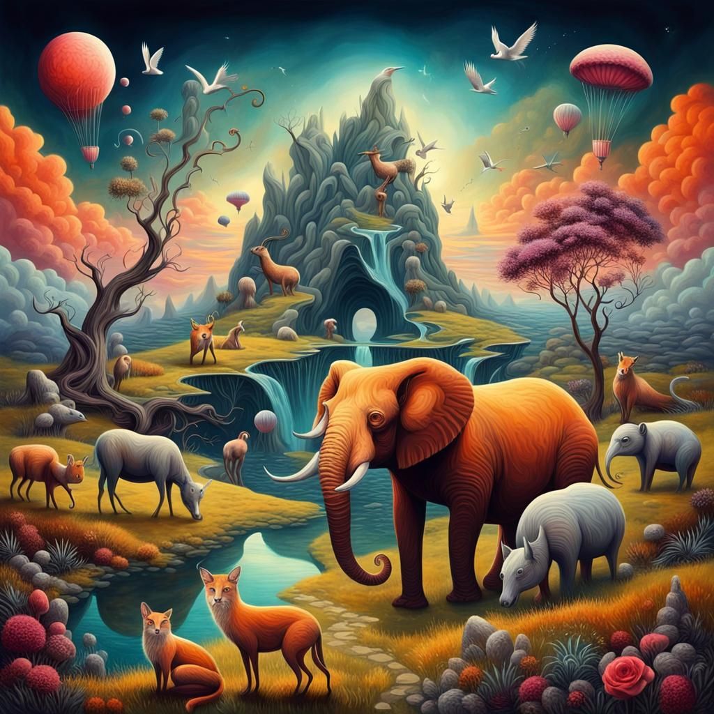 Dreamlike Landscape with Magical Animals in Surreal Style