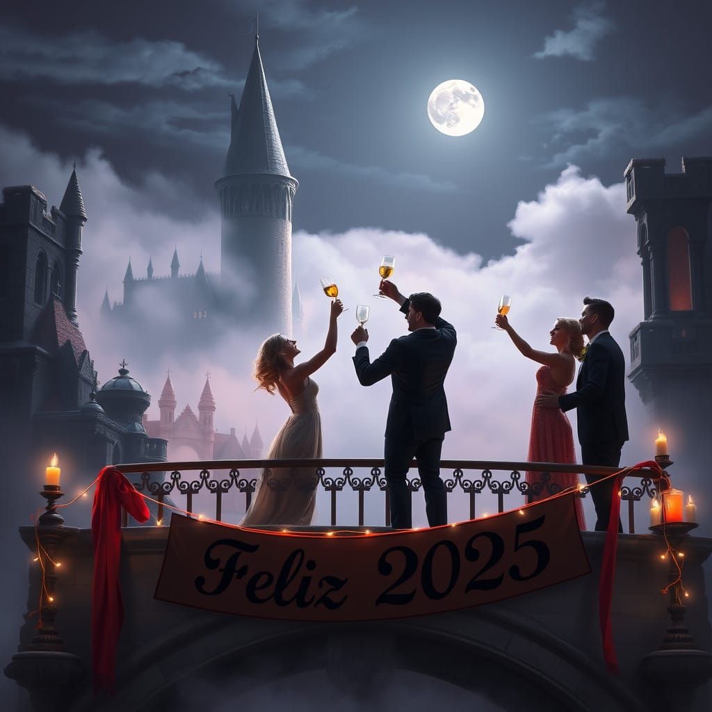 Joyous Friends Raise Glass in Medieval Castle Under Full Moo...