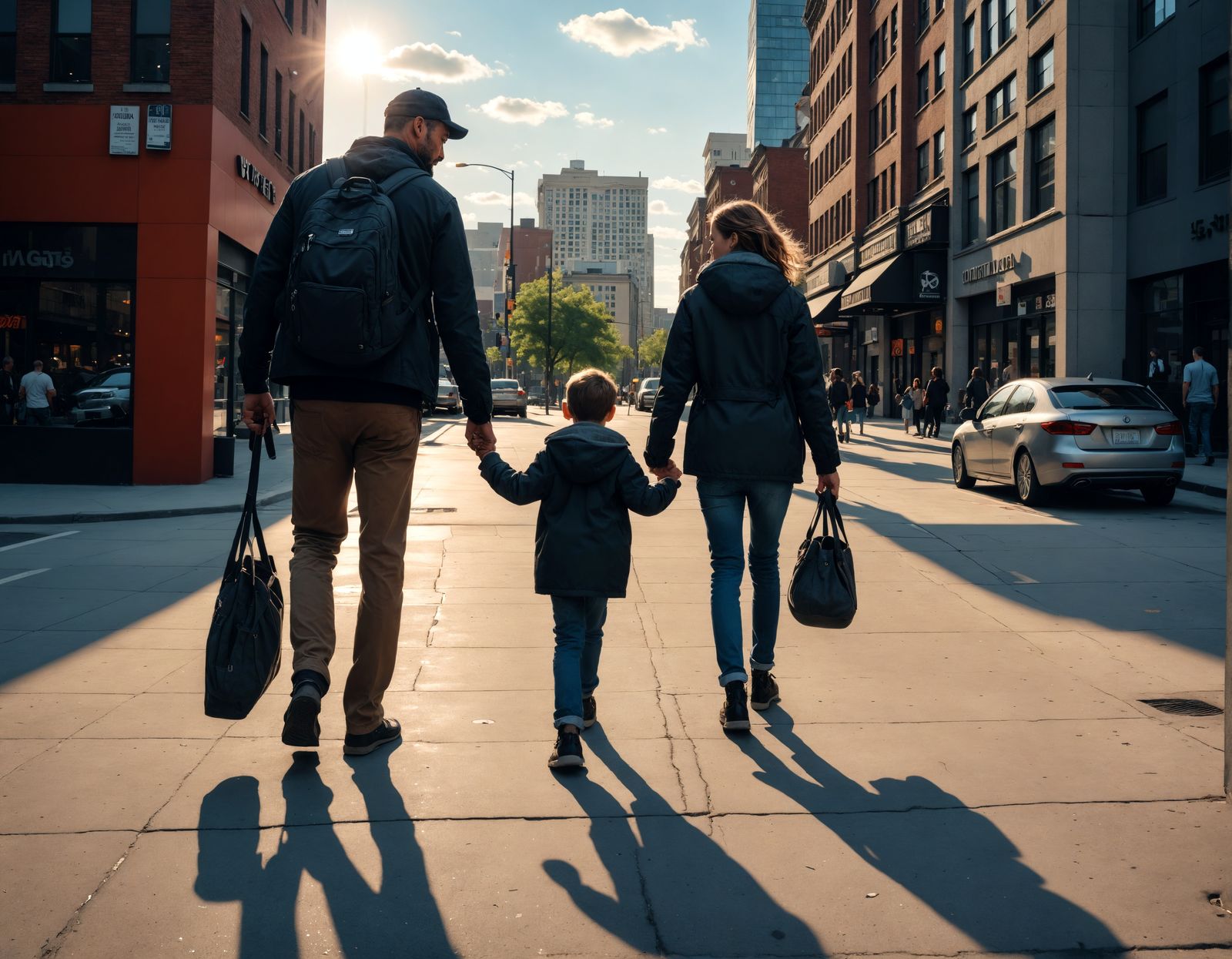 Family Walking in Urban Downtown Area, Hyperrealistic