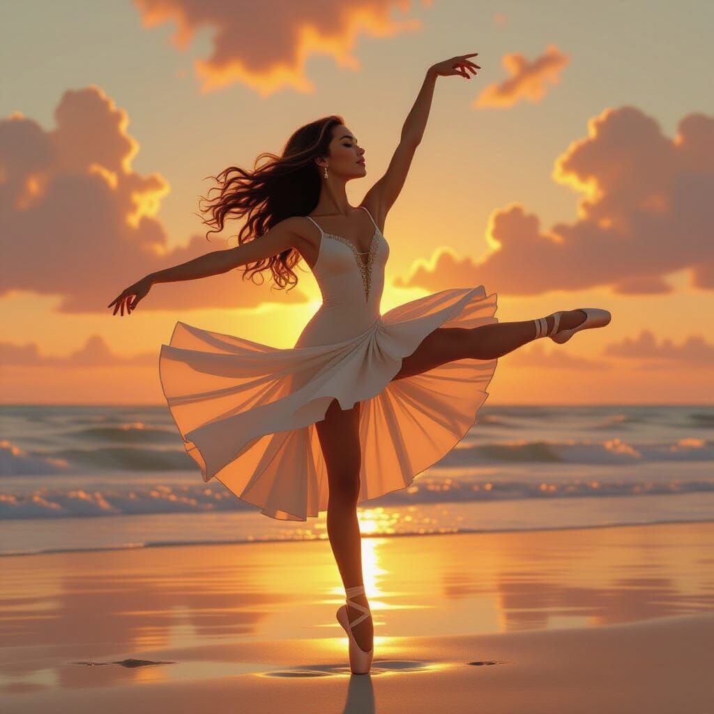 Graceful Teen Dancer on Beach at Sunset: Fantasy Art