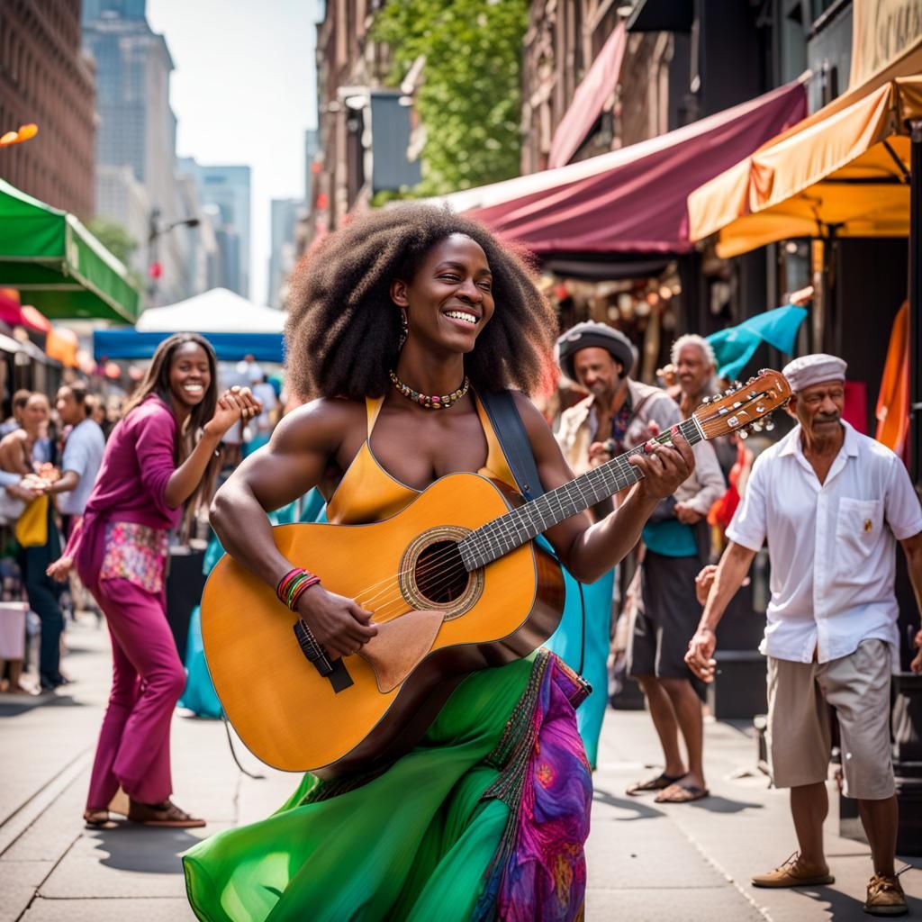 Vibrant Metropolis: Street Performers and Market Scene