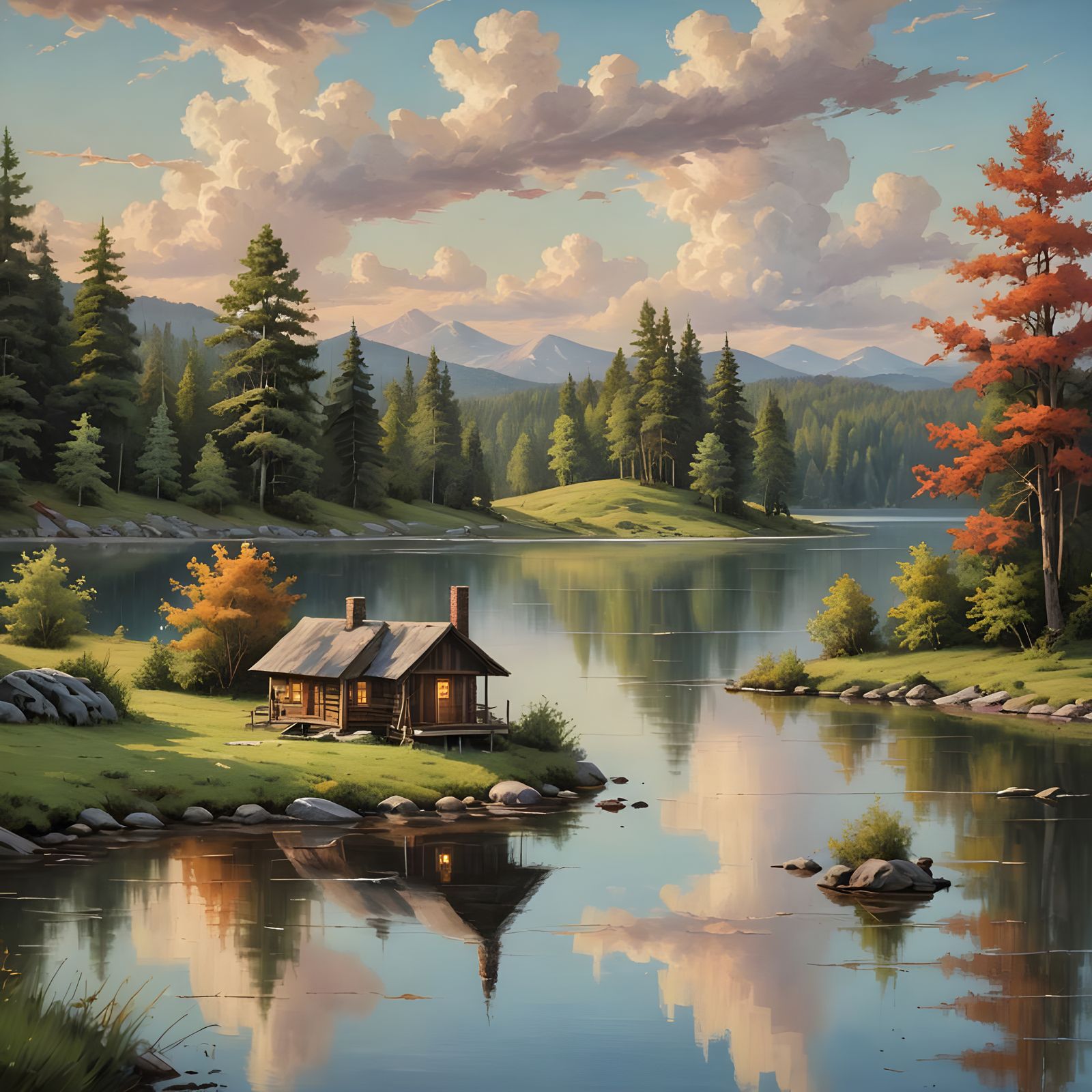 Cabin on Lake with Deer in Bob Ross Style