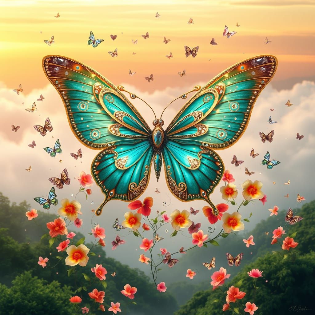 Ethereal Butterfly in Dreamlike Landscape with Vibrant Flowe...