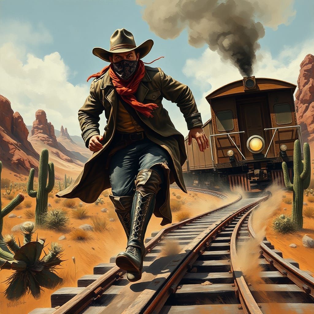 Cowboy on Speeding Train in Old West Style