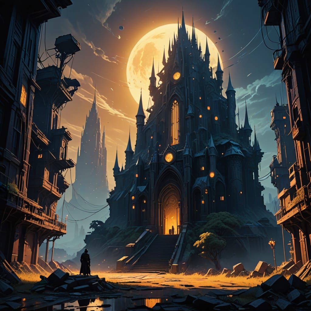 Mystical Dark Throne in Ruined Cityscape