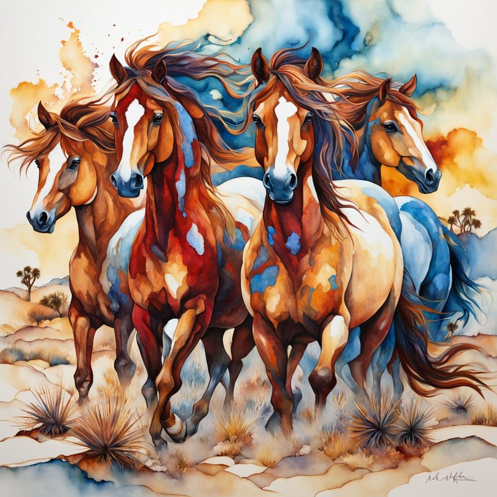 Wild Horses Galloping in Vibrant Alcohol Ink Style