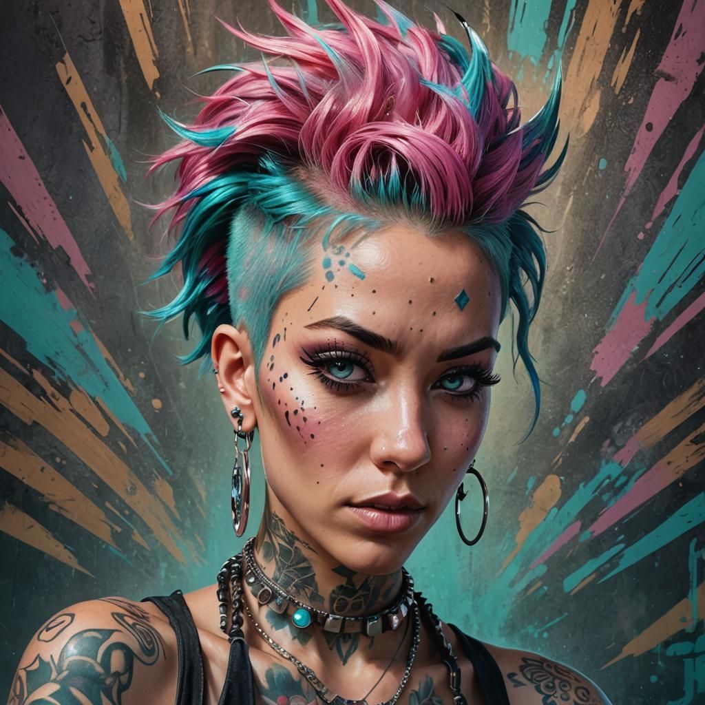Tattooed Woman with Spiked Hair in Splash Art Style