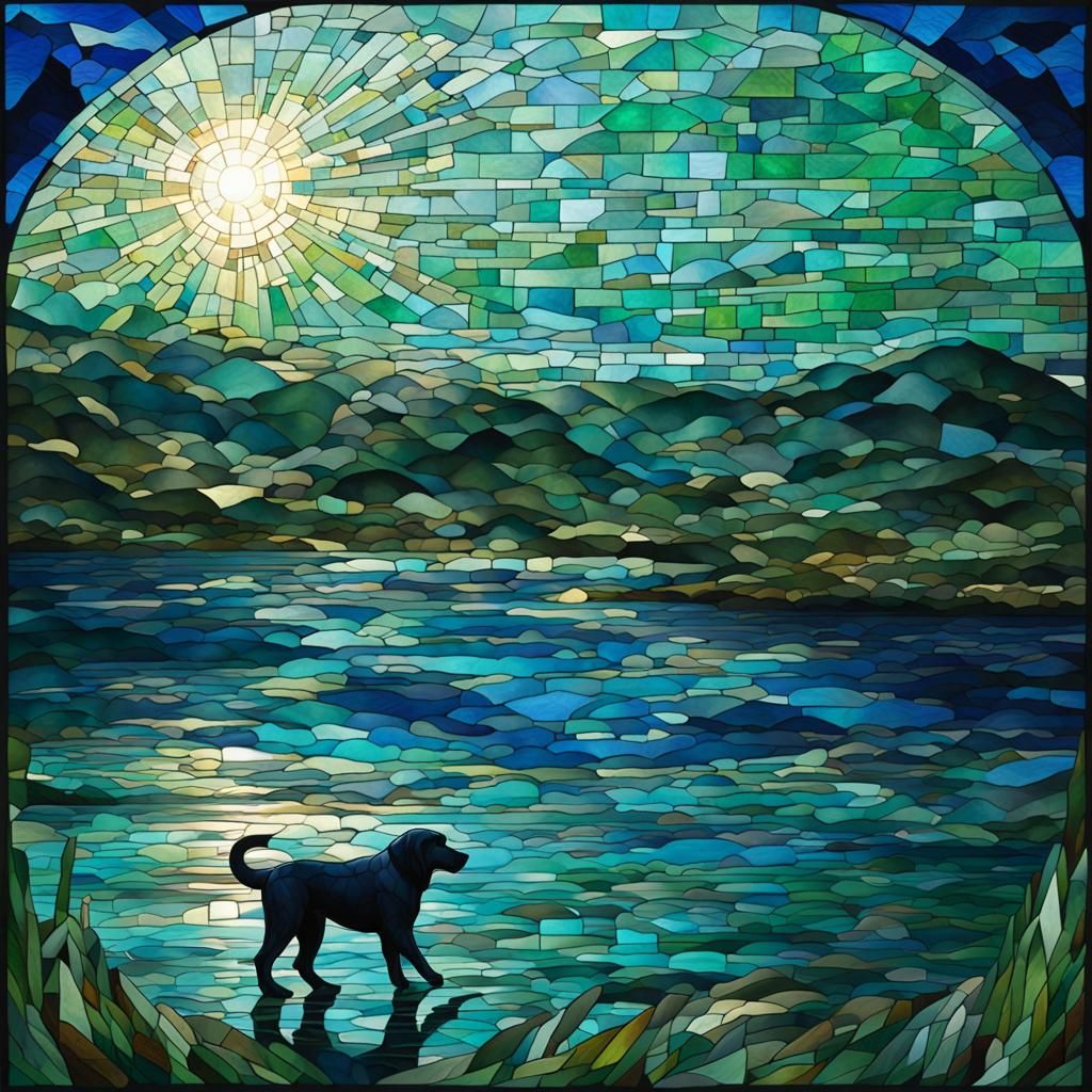 Cerberus on Lake in Stained Glass Mosaic