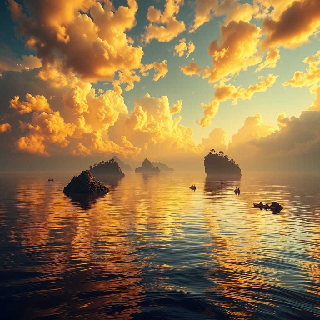 Surreal Liquid Gold Sky with Drifting Islands in a Calm Ocea...