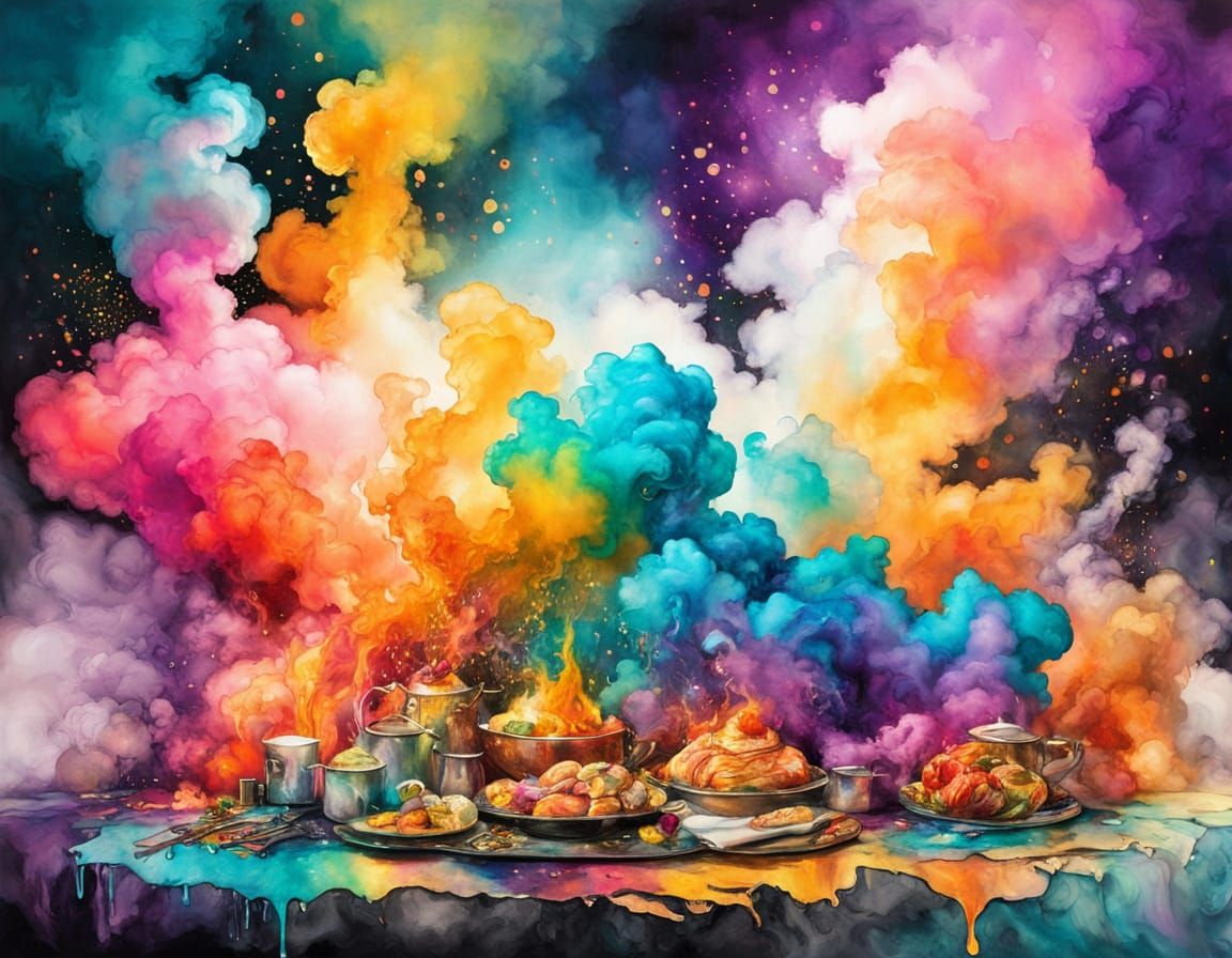 1950s Magic Kitchen With Luminous Food and Smoke