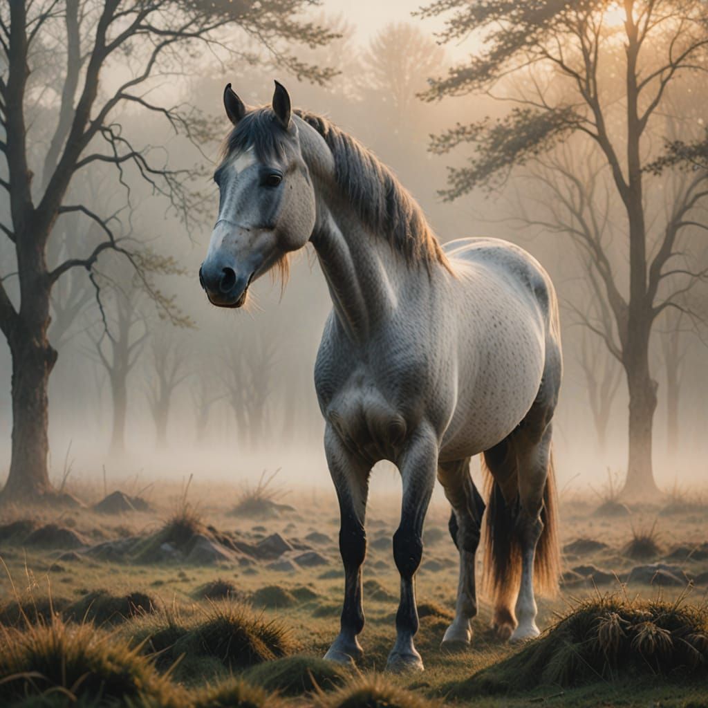 Misty Landscape with Grey Horse in Oil Painting Style