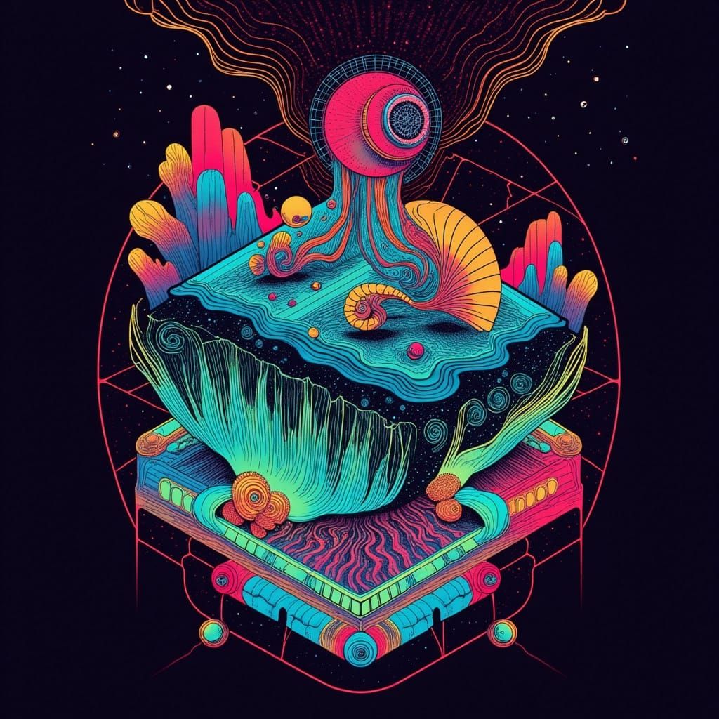 Dark Cyberpunk Geometric Composition Inspired by the Sea