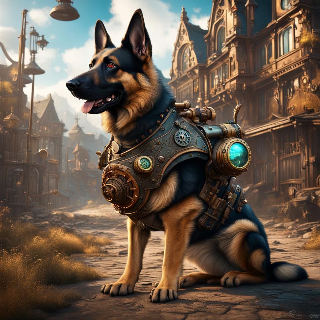 Steampunk German Shepherd Dog in Detailed Matte Painting