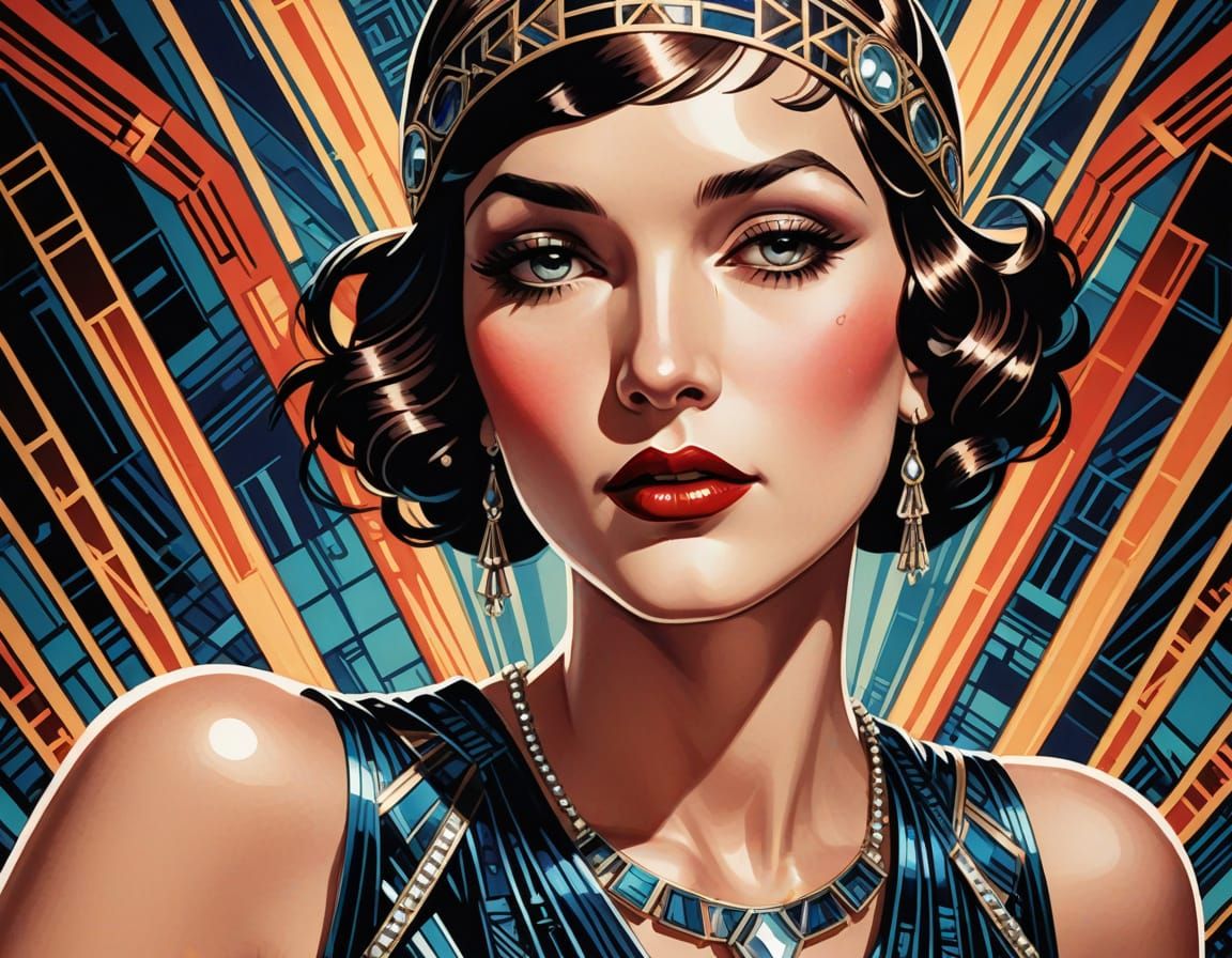 Art Deco Flapper Portrait in Comic Book Style