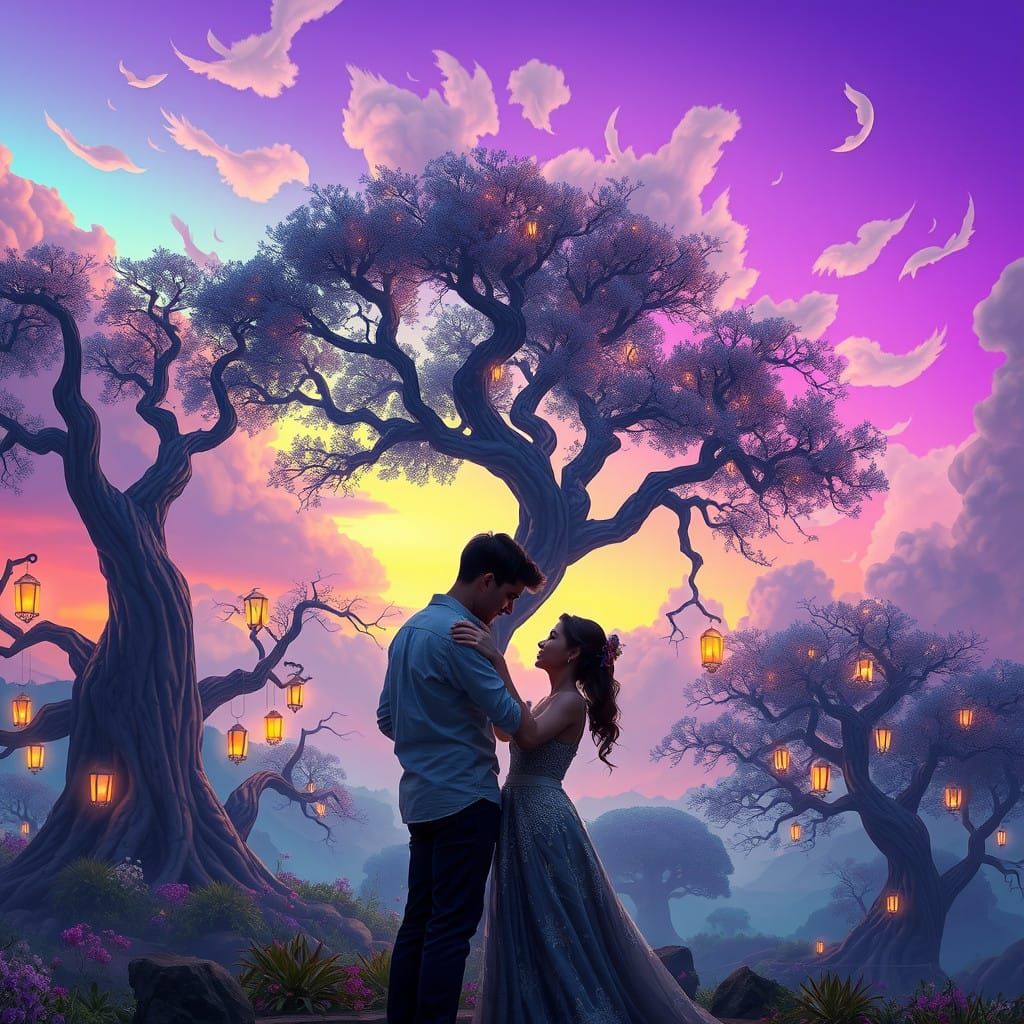 Couple Embracing Under Whimsical, Dreamlike Trees