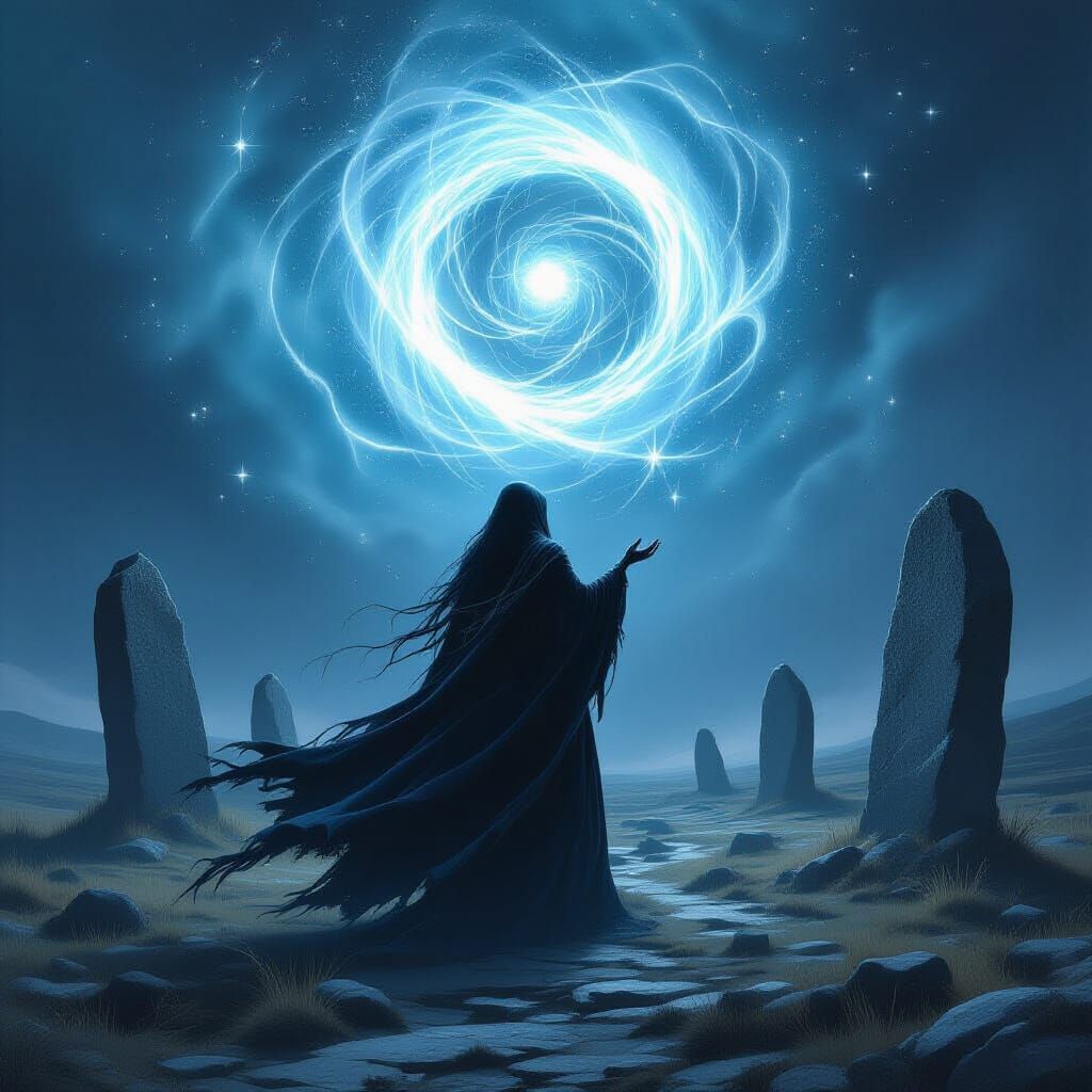 Spectral Witch Conjuring Starlight on Moonlit Moor